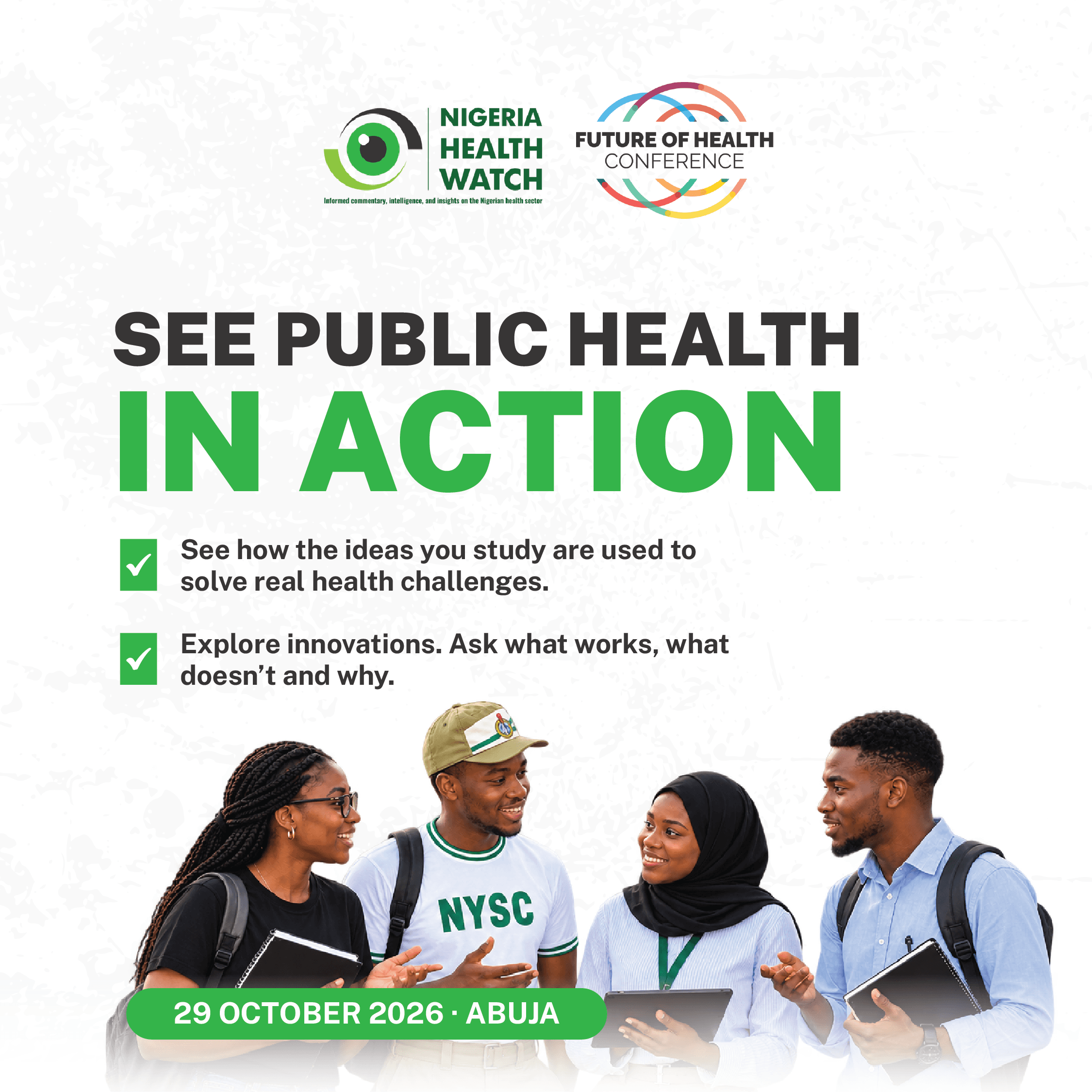 Four young people, among them a serving NYSC corps member, talking together with notebooks and tablets in hand.