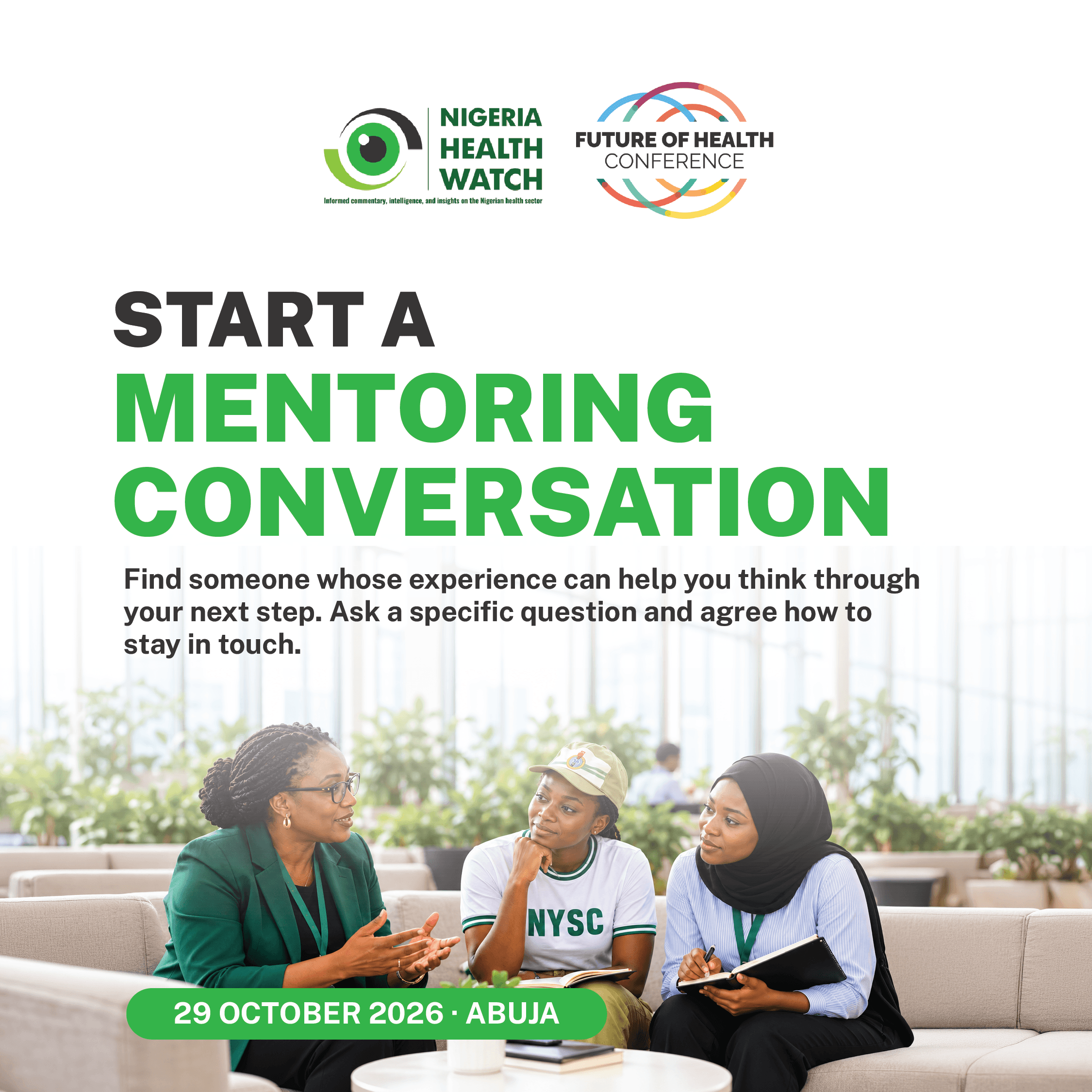 A senior health professional mentoring an NYSC corps member and a student, who takes notes, in a bright lounge.